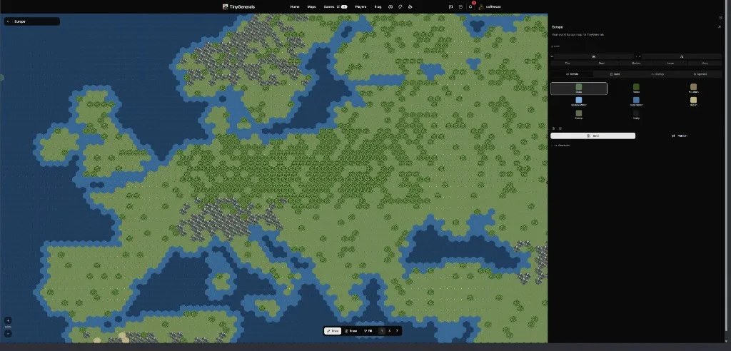 TinyGenerals map editor showing a large generated Europe-style map