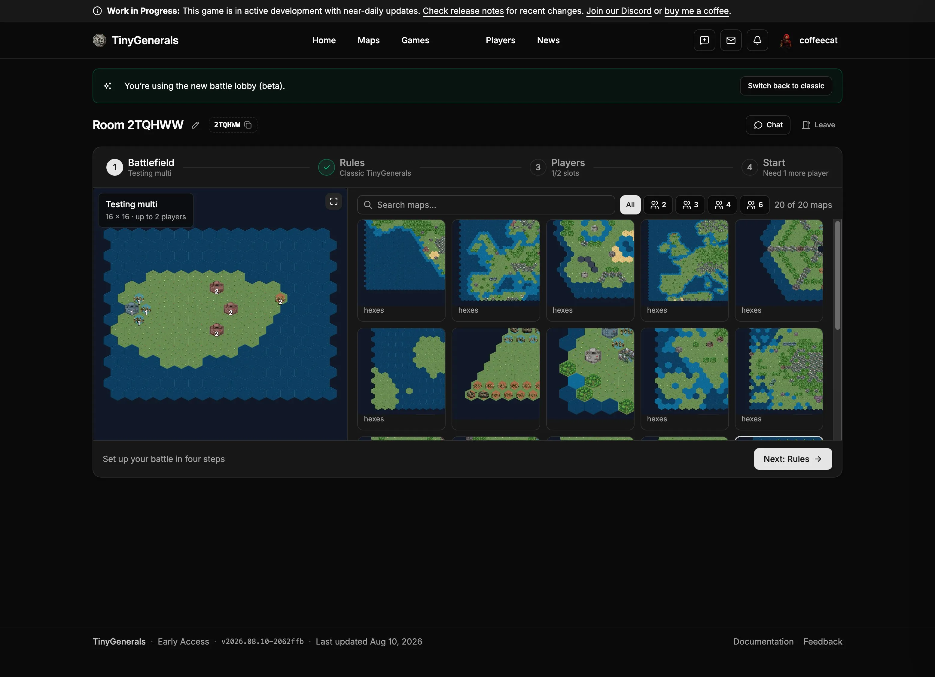 Step 1 of the new battle lobby: a map preview on the left and a searchable map picker on the right, filterable by player count