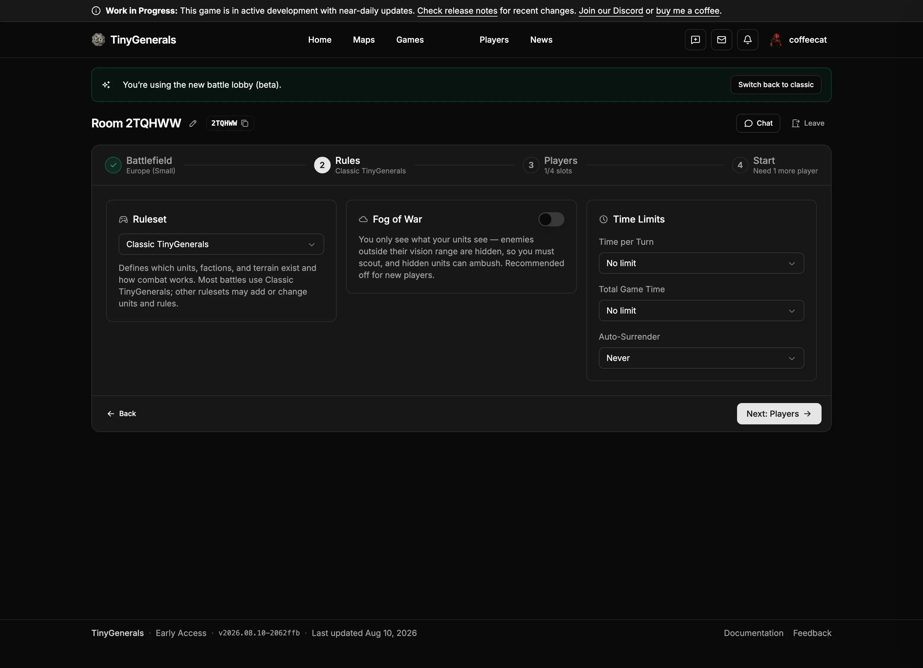 Step 2 of the new battle lobby: ruleset, fog of war and time limit cards