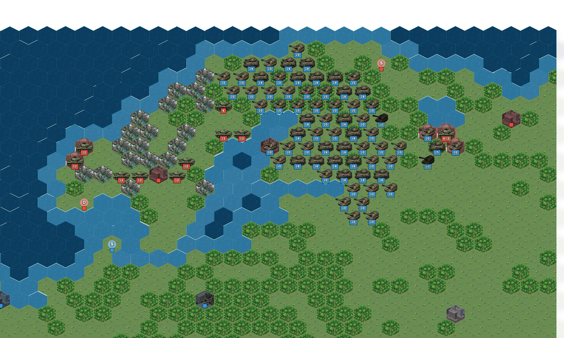 A dense formation of blue artillery and vehicles faces scattered red tanks on the Europe map, with open terrain behind the blue army.